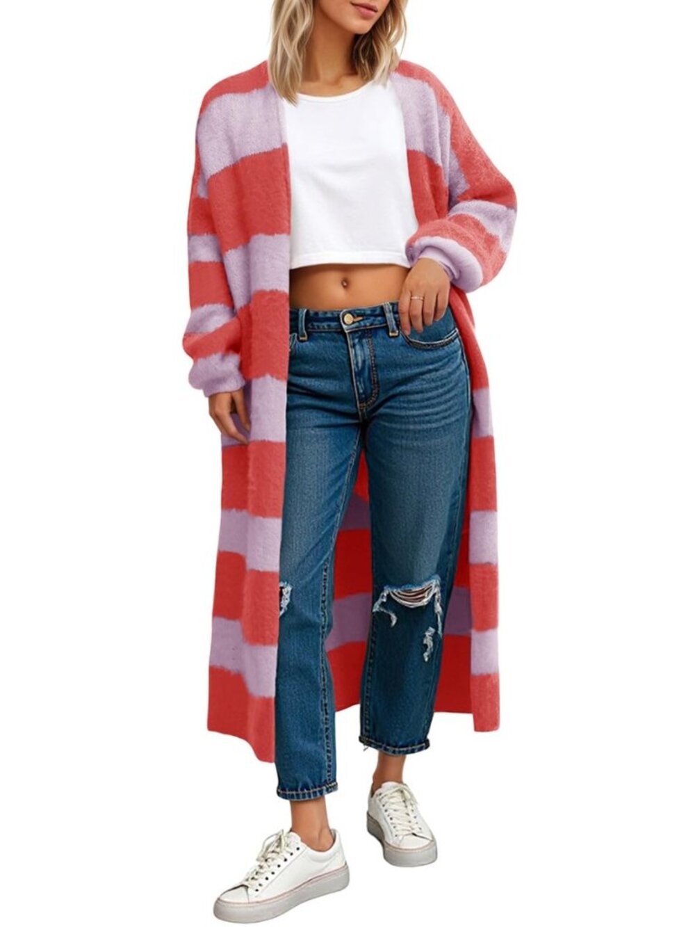 Womens Striped Long Cardigan Sweaters Open Front Oversized Chunky Fuzzy Knit